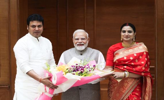 West Tripura MP & BJP national GS Biplab Kumar Deb along with wife meets PM Narendra Modi.